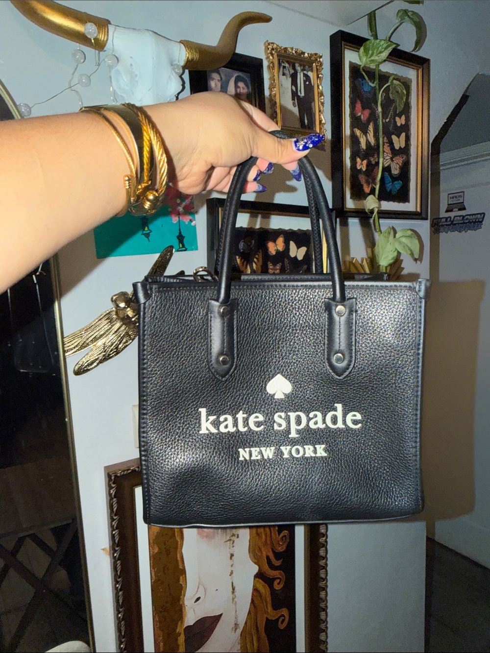 kate spade Black Pebbled Leather Satchel with Gold Accent